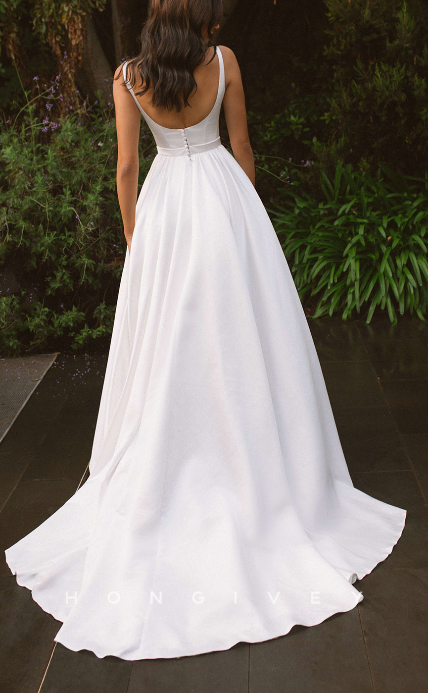 H1268 - Sexy Satin A-Line Scoop Spaghetti Straps Empire Sleeveless With Train Wedding Dress