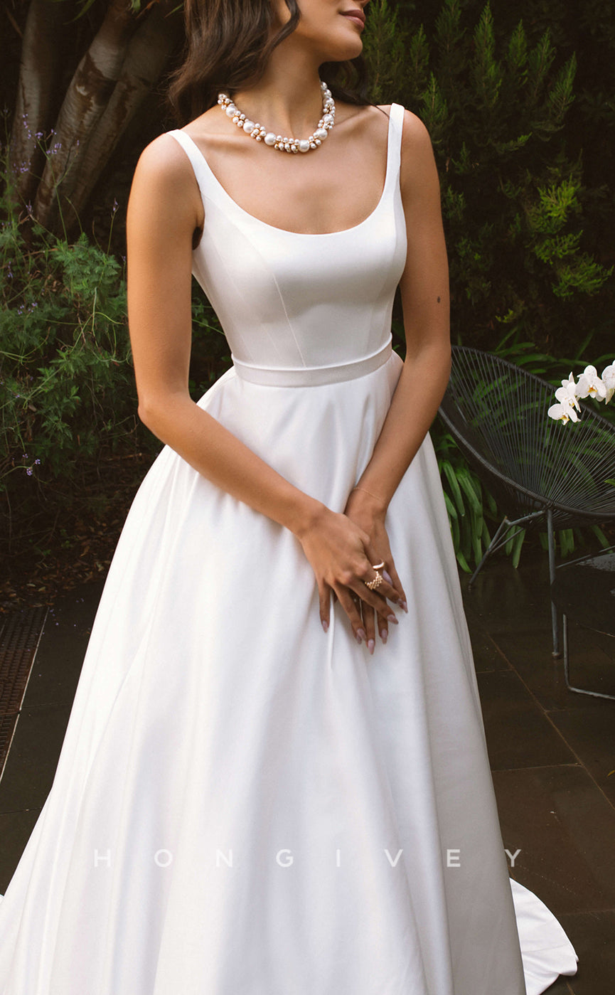 H1268 - Sexy Satin A-Line Scoop Spaghetti Straps Empire Sleeveless With Train Wedding Dress