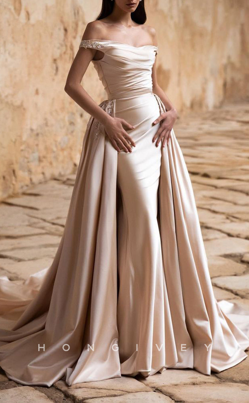 H1276 - Sexy Satin A-Line Off-Shoulder Empire Pleats Beaded Overskirt Gown With Train Wedding Dress