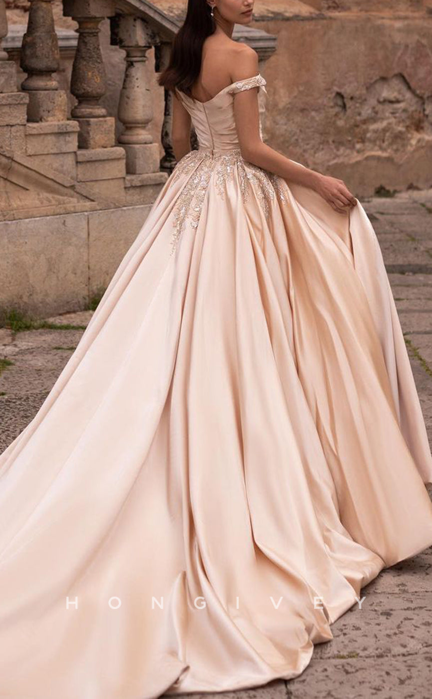 H1276 - Sexy Satin A-Line Off-Shoulder Empire Pleats Beaded Overskirt Gown With Train Wedding Dress