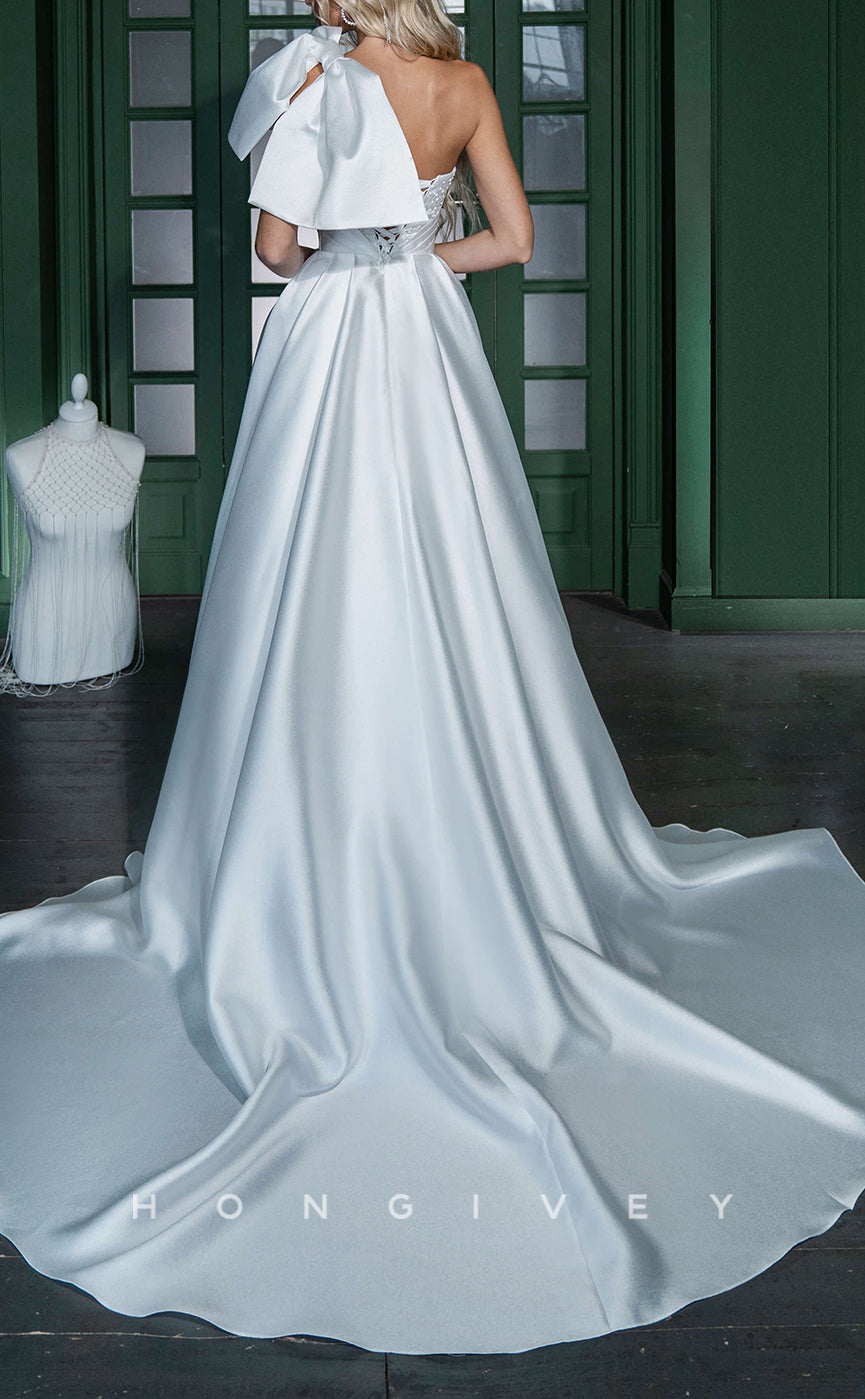 H1278 - Sexy Satin A-Line Off-Shoulder Empire Beaded Bowknot With Train Wedding Dress