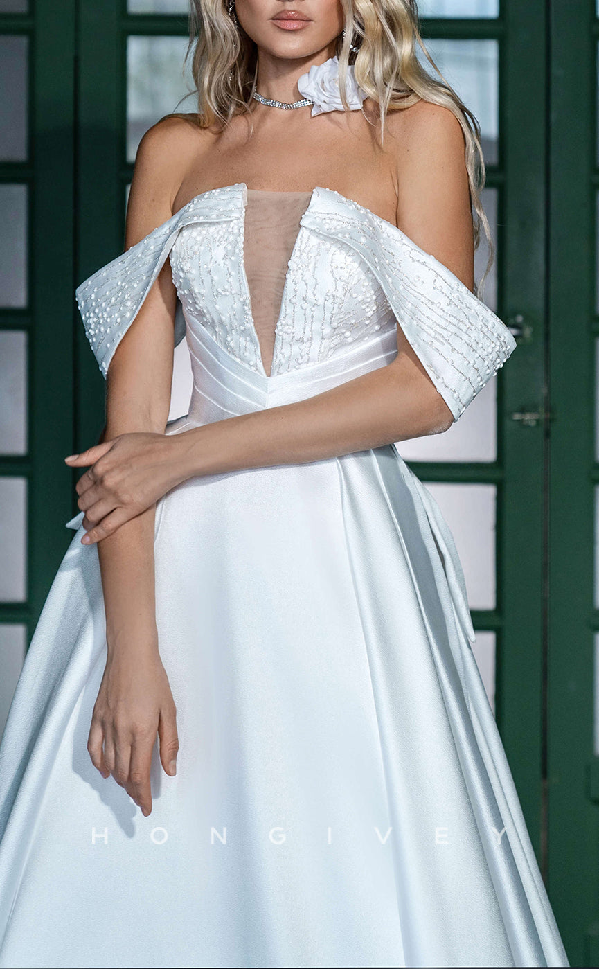 H1278 - Sexy Satin A-Line Off-Shoulder Empire Beaded Bowknot With Train Wedding Dress