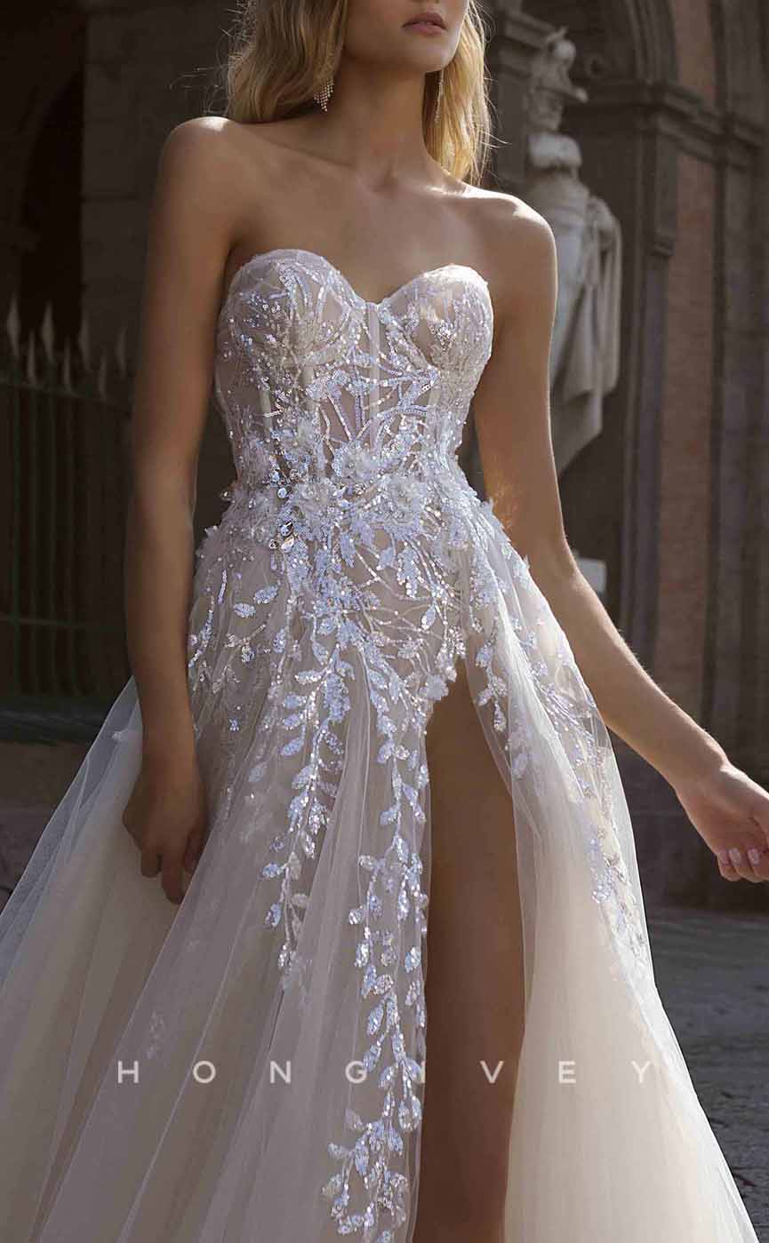 H1279 - Sexy Tulle A-Line Sweetheart Strapless Empire Sequined Appliques With High Slit Wedding Dress