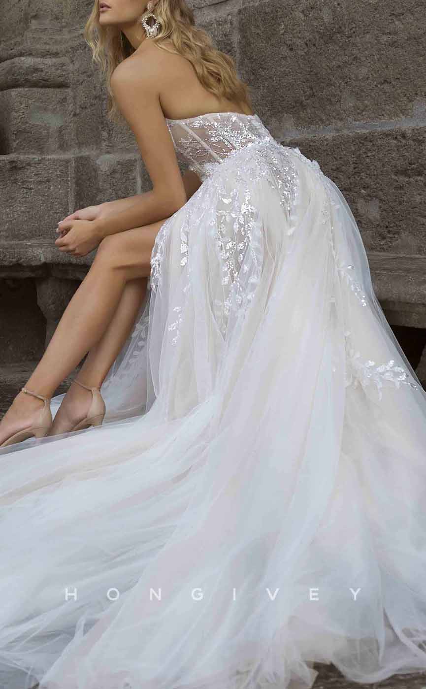 H1279 - Sexy Tulle A-Line Sweetheart Strapless Empire Sequined Appliques With High Slit Wedding Dress