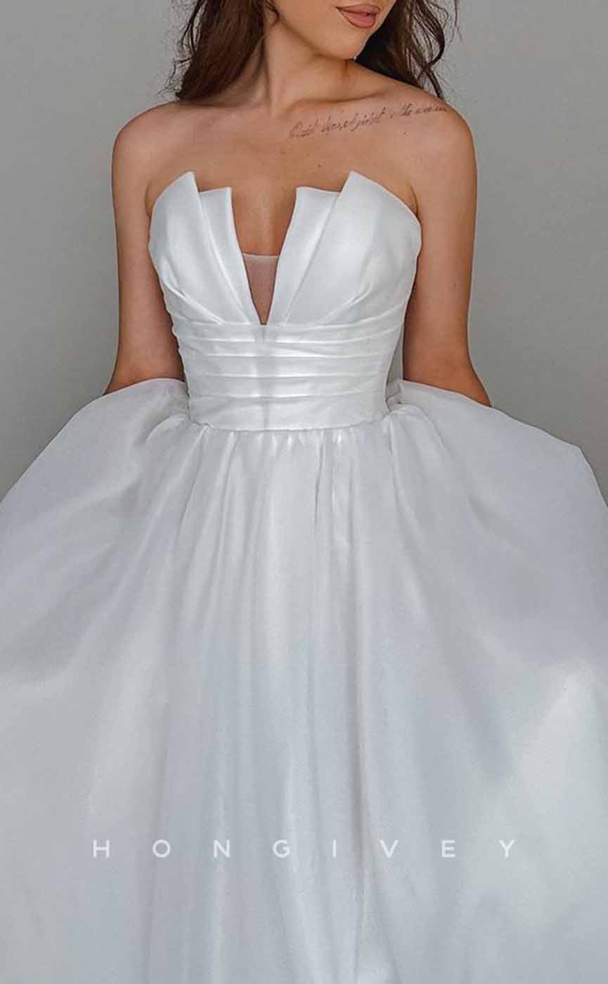 H1280 - Sexy Tulle A-Line Asymmetrical V-Neck Strapless Empire Pleats With Side Slit Wedding Dress