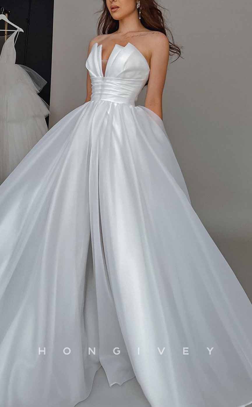 H1280 - Sexy Tulle A-Line Asymmetrical V-Neck Strapless Empire Pleats With Side Slit Wedding Dress