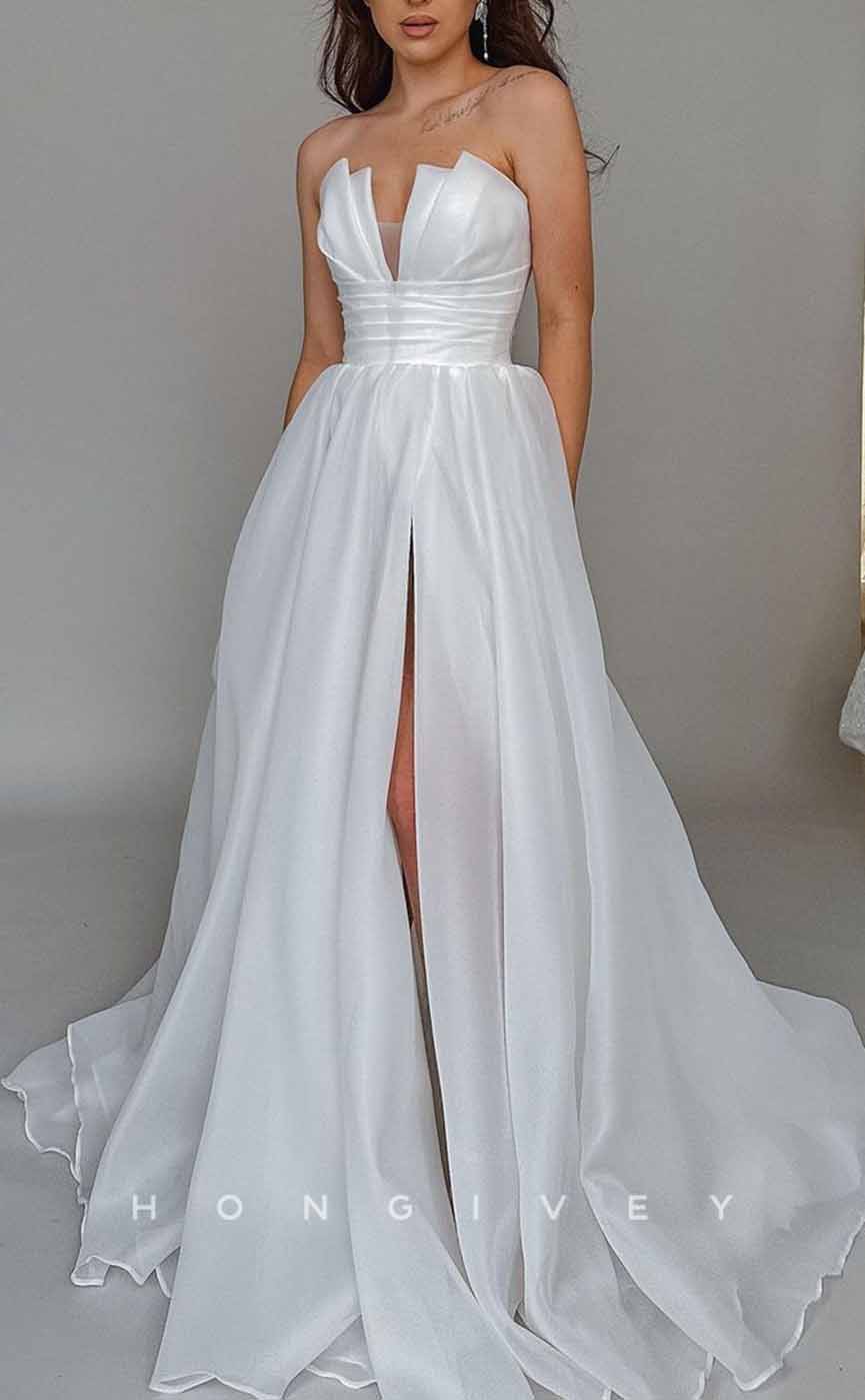 H1280 - Sexy Tulle A-Line Asymmetrical V-Neck Strapless Empire Pleats With Side Slit Wedding Dress