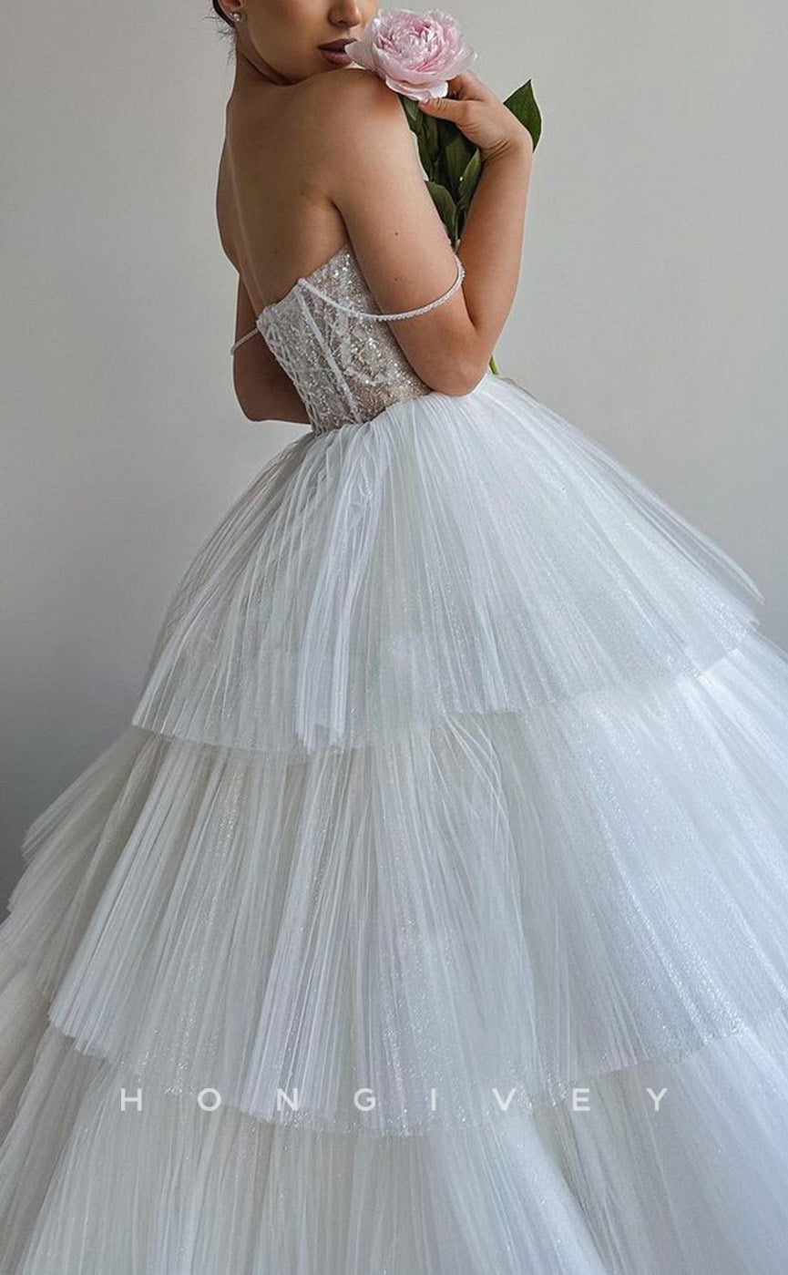 H1285 - Sexy Tulle A-Line Sweetheart Spaghetti Straps Empire Illusion Beaded Tiered Wedding Dress