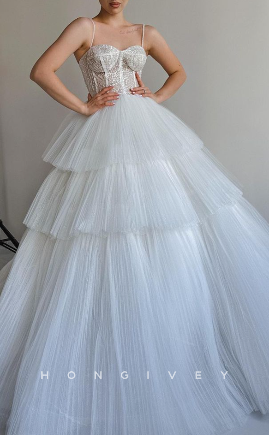 H1285 - Sexy Tulle A-Line Sweetheart Spaghetti Straps Empire Illusion Beaded Tiered Wedding Dress