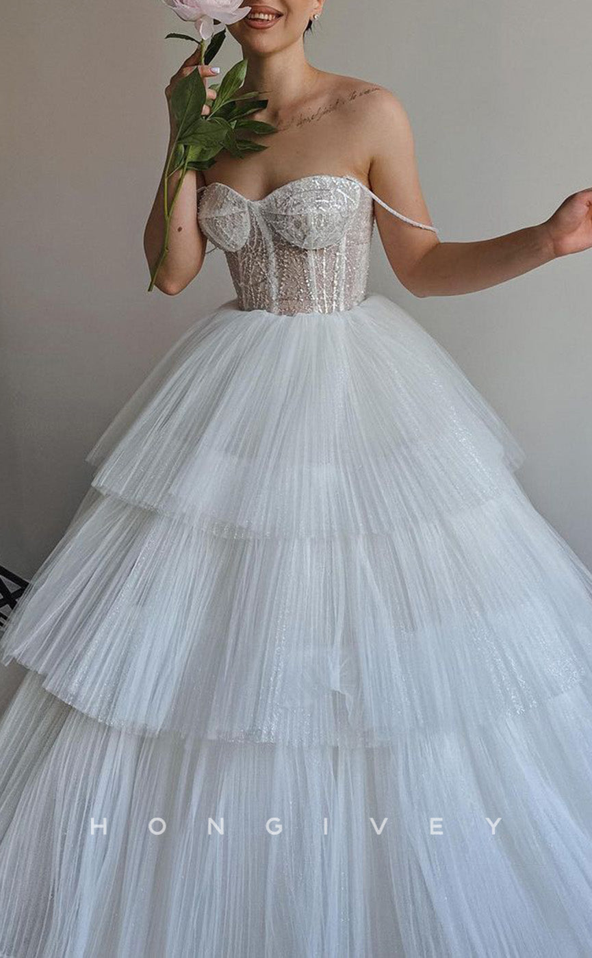 H1285 - Sexy Tulle A-Line Sweetheart Spaghetti Straps Empire Illusion Beaded Tiered Wedding Dress