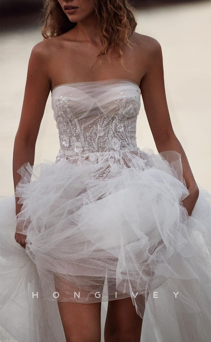 H1286 - Sexy Tulle A-Line Illusion Strapless Sleeveless  Empire Beaded Appliques With Train Wedding Dress