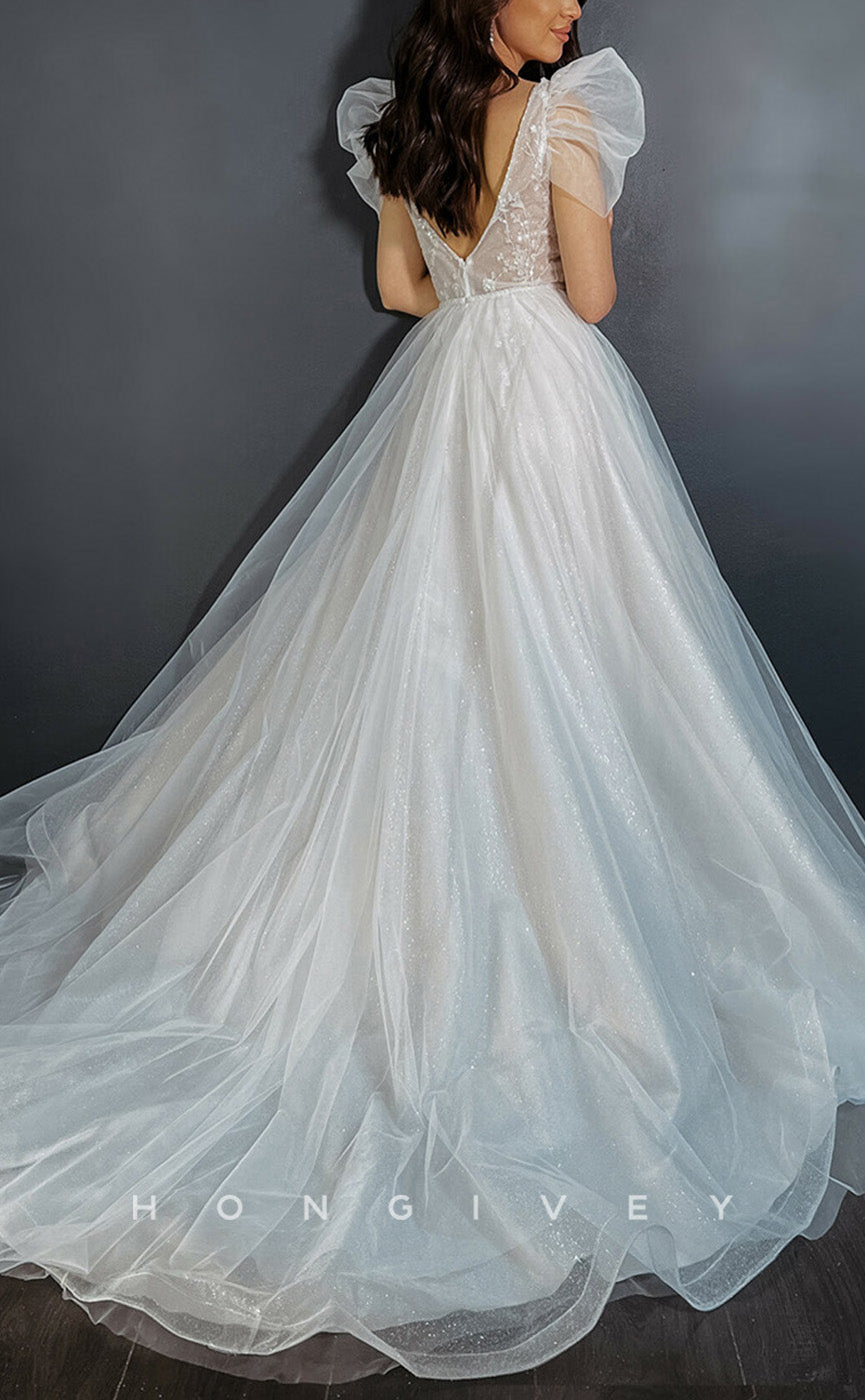 H1287 - Sexy Glitter Tulle A-Line V-Neck Puff Sleeves Gown Empire Beaded Appliques Wedding Dress