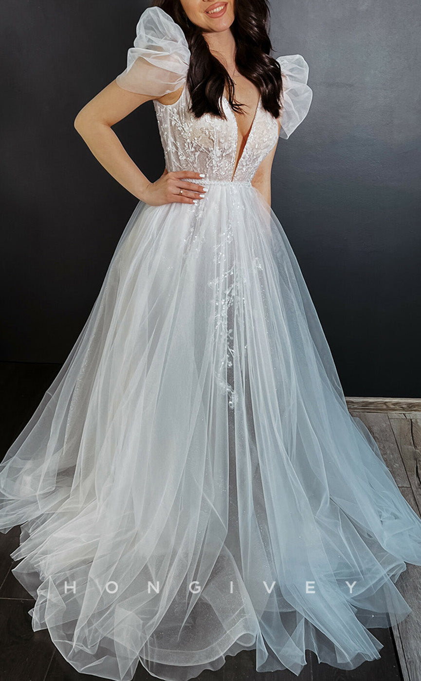 H1287 - Sexy Glitter Tulle A-Line V-Neck Puff Sleeves Gown Empire Beaded Appliques Wedding Dress