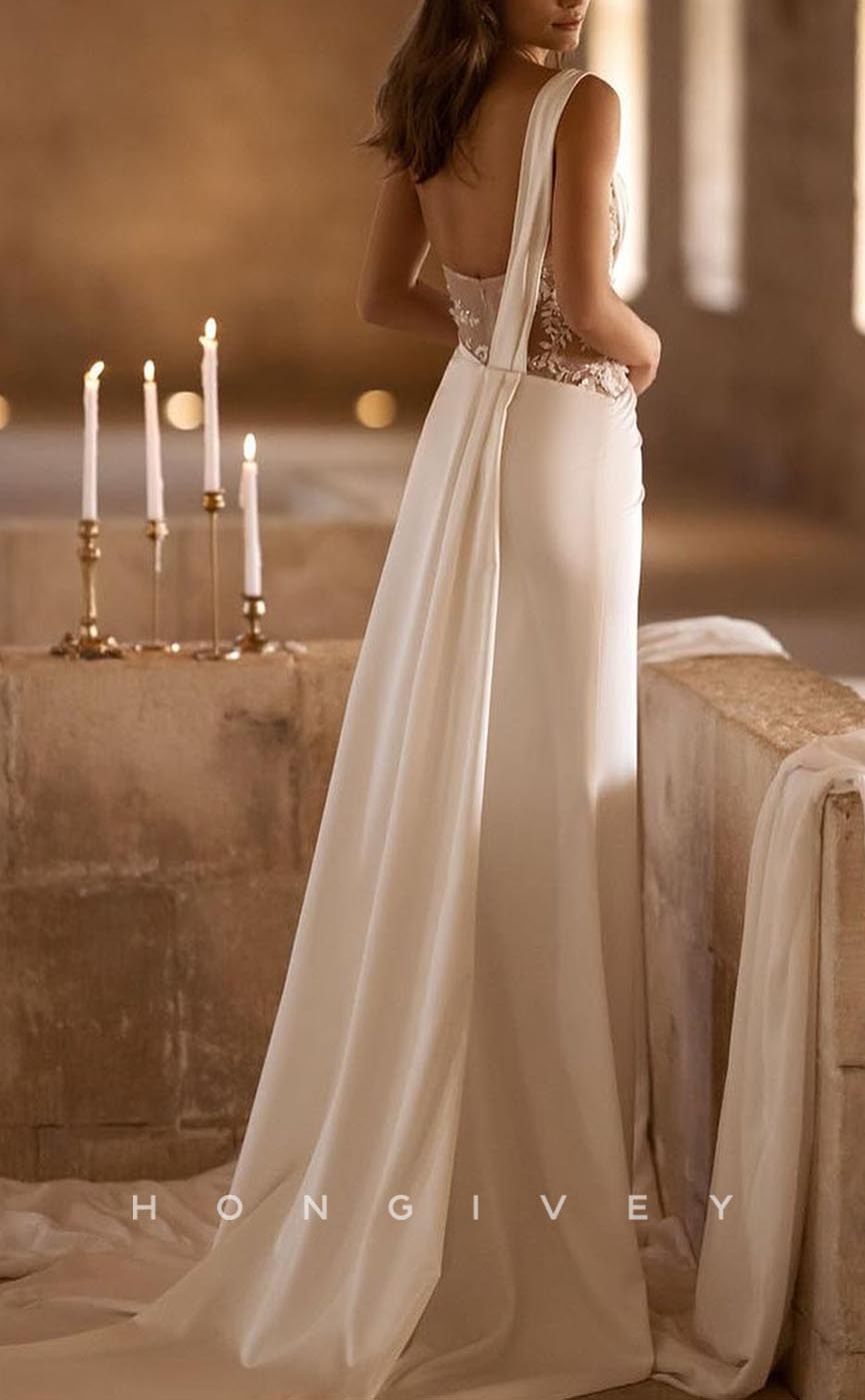 H1290 - Sexy Satin A-Line One Shoulder Illusion Ruched Beaded Appliques With Side Slit Wedding Dress