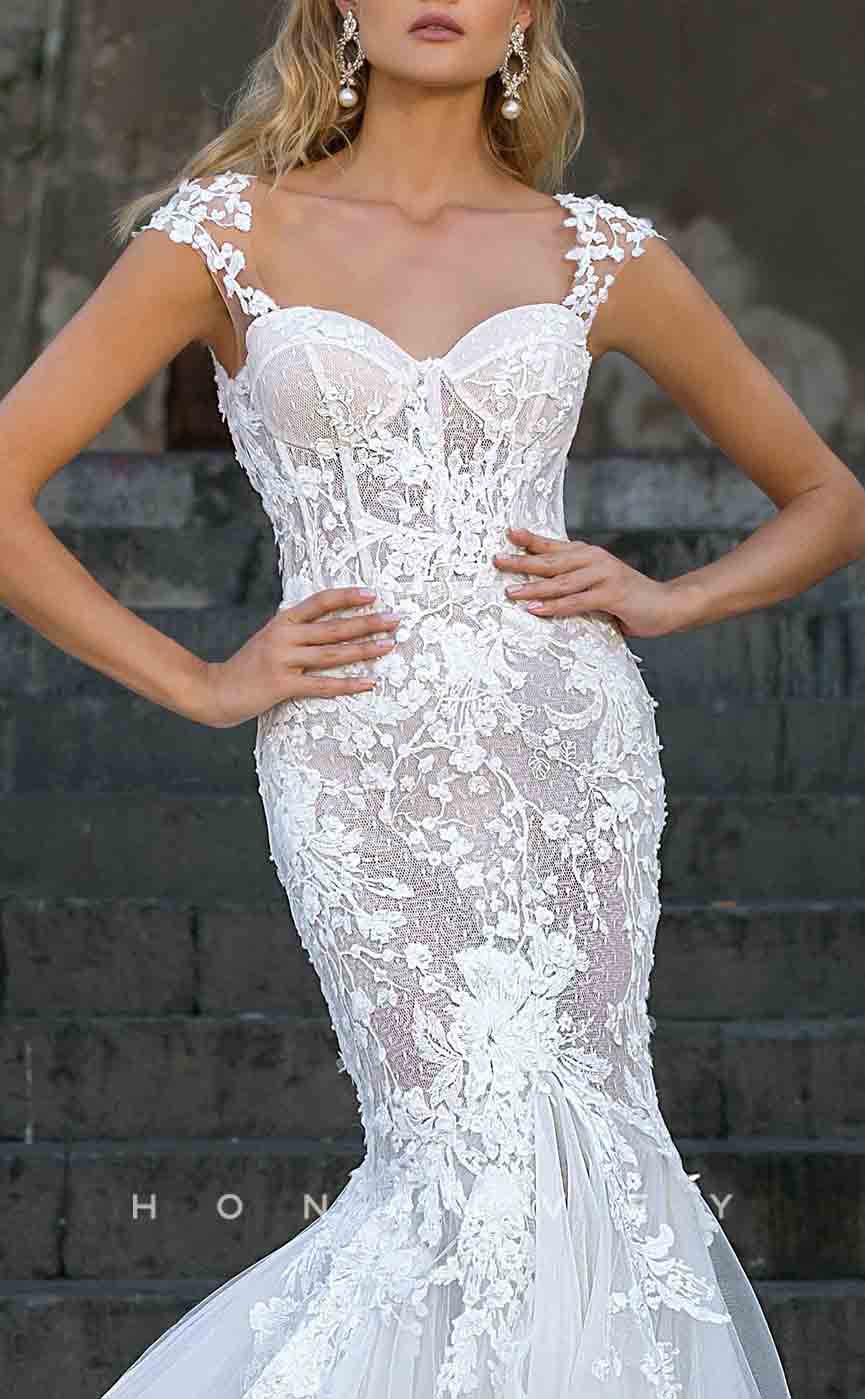 H1292 - Sexy Illusion Lace Trumpt Sweetheart Straps Empire Appliques Tulle Train Wedding Dress