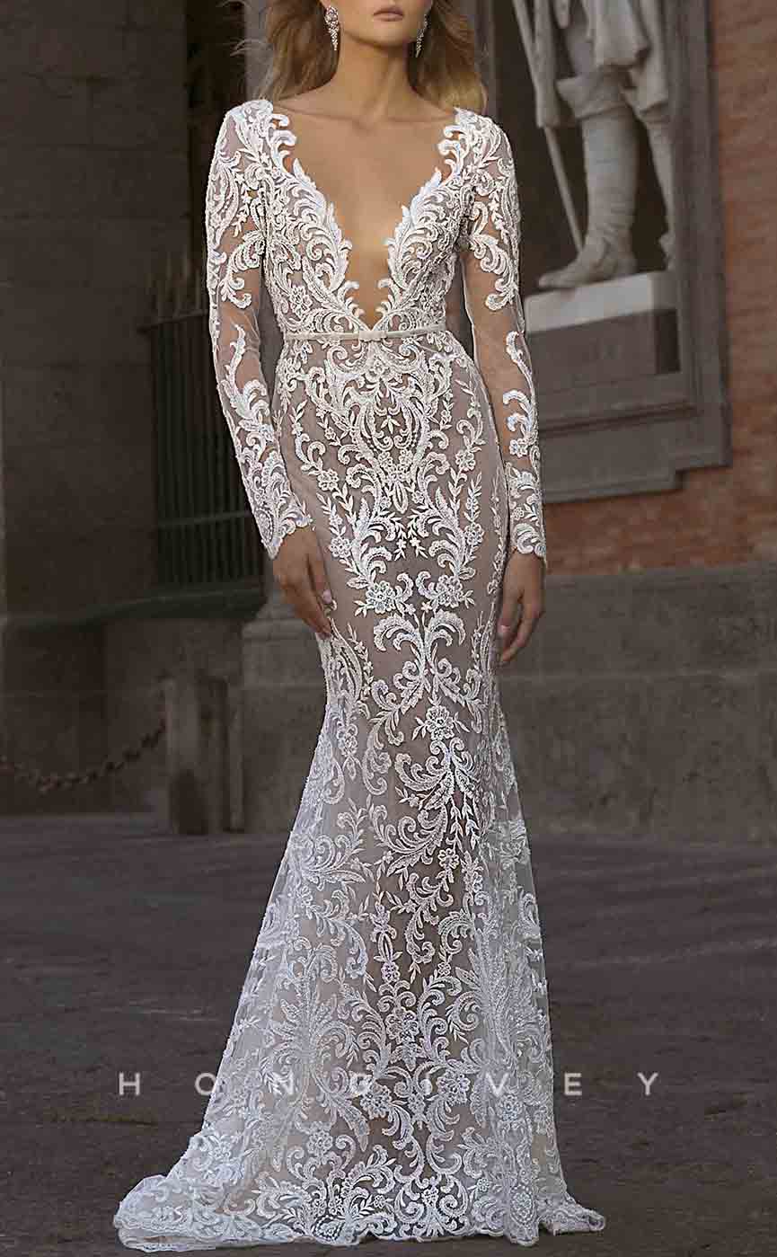 H1293 - Sexy Illusion Lace Trumpt Scoop Long Sleeve Empire Fully Appliques Belt Boho/Beach Wedding Dress