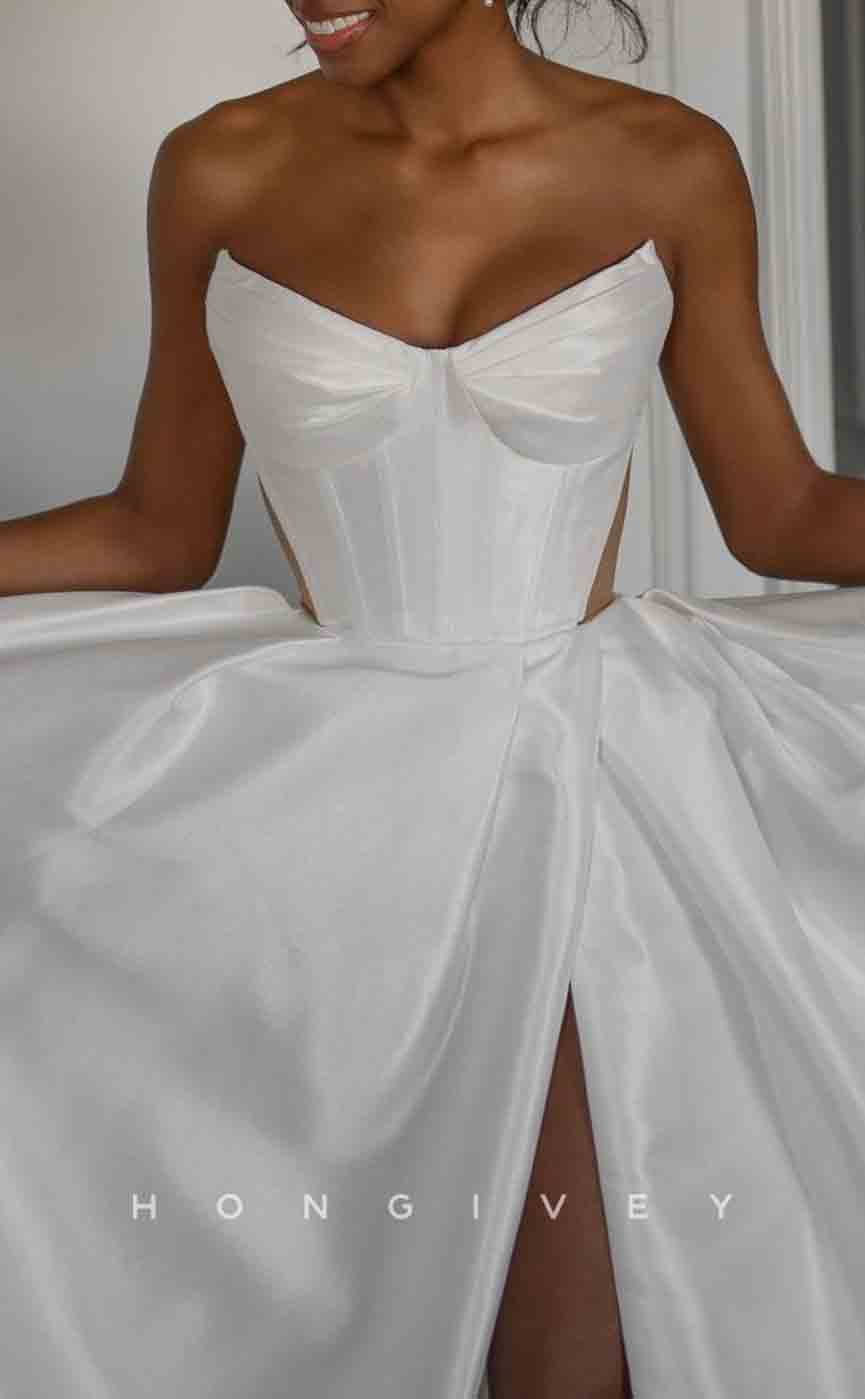 H1294 - Sexy Satin A-Line V-Neck Strapless Sleeveless Empire Illusion With Side Slit Train Wedding Dress