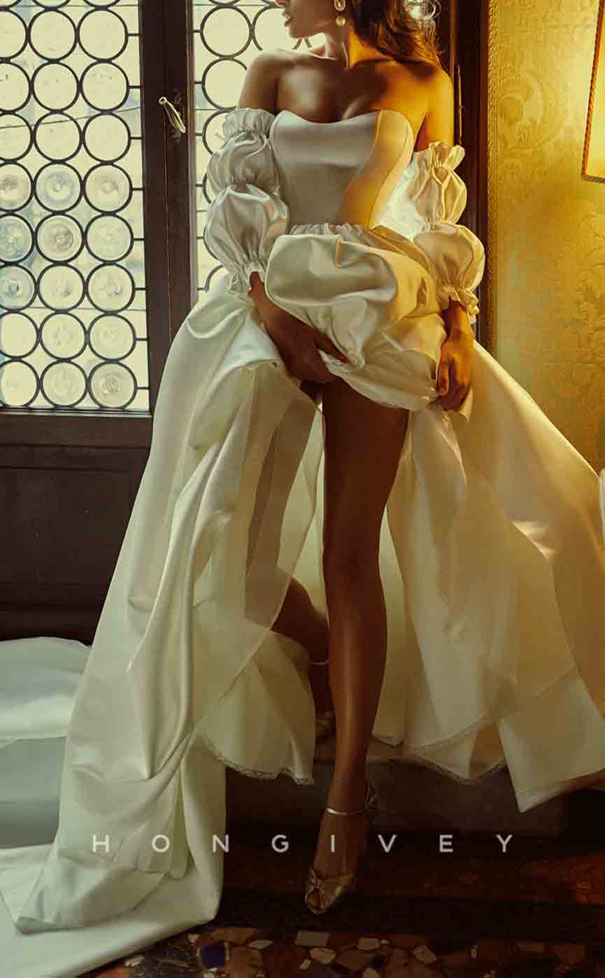 H1296 - Sexy Satin A-Line Bateau Strapless Long Puff Sleeves Empire With Train Wedding Dress