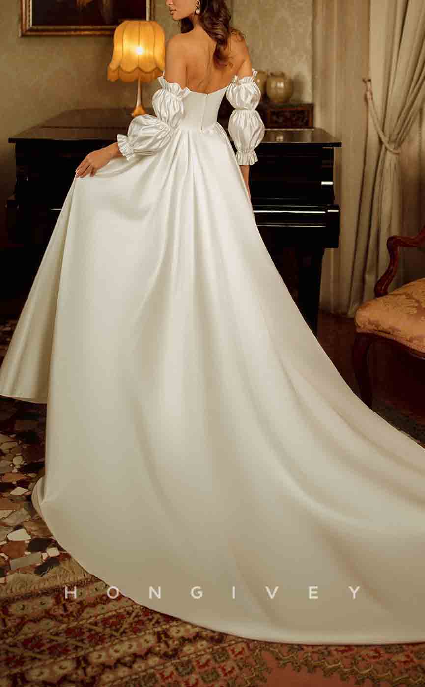 H1296 - Sexy Satin A-Line Bateau Strapless Long Puff Sleeves Empire With Train Wedding Dress