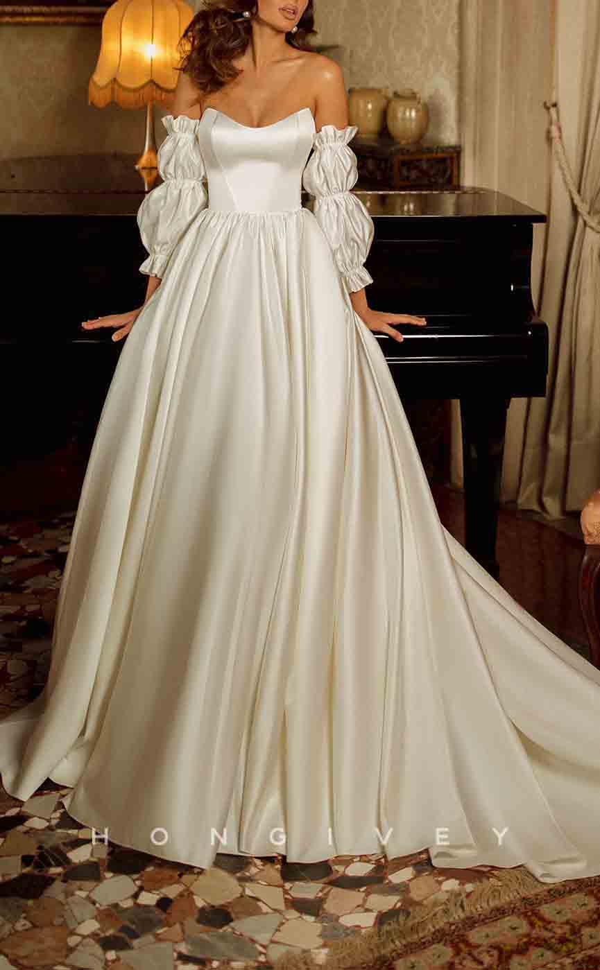 H1296 - Sexy Satin A-Line Bateau Strapless Long Puff Sleeves Empire With Train Wedding Dress