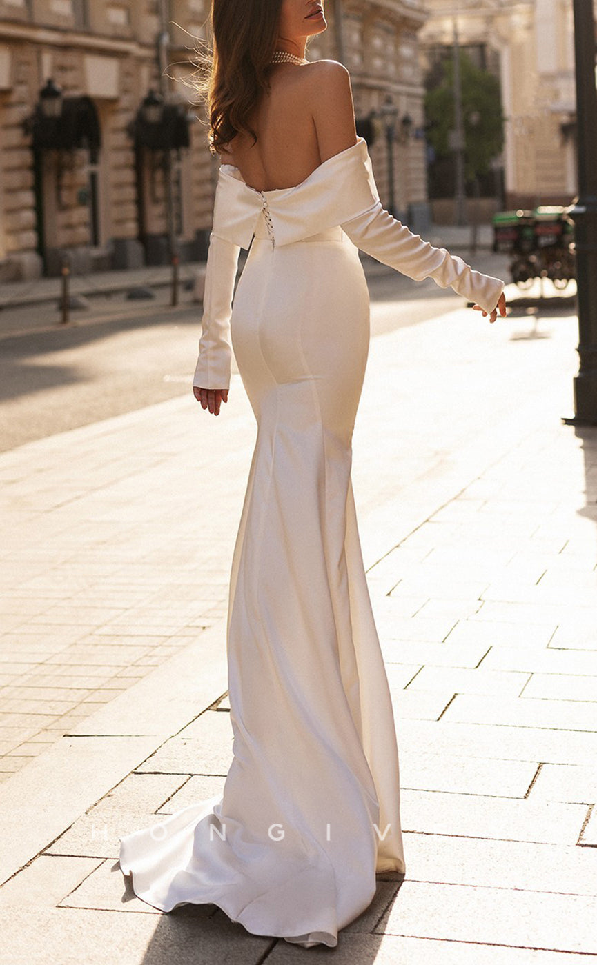 H1301 - Sexy Satin Trumpt Off-Shoulder Long Sleeve Empire With Train Beach Wedding Dress