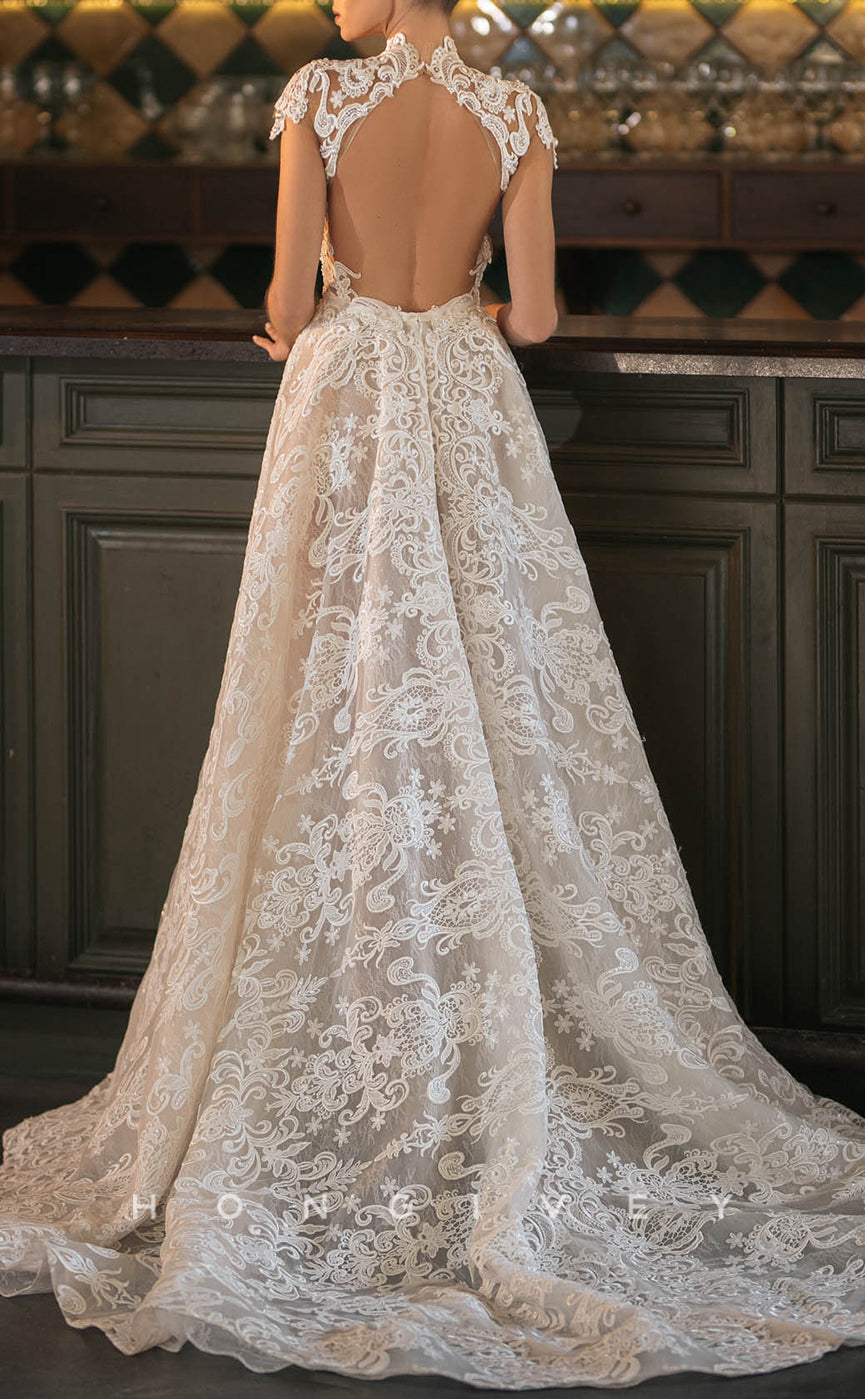 H1302 - Sexy Satin A-Line High Neck Cap Sleeves Illusion Empire Backless Appliques With Train Wedding Dress