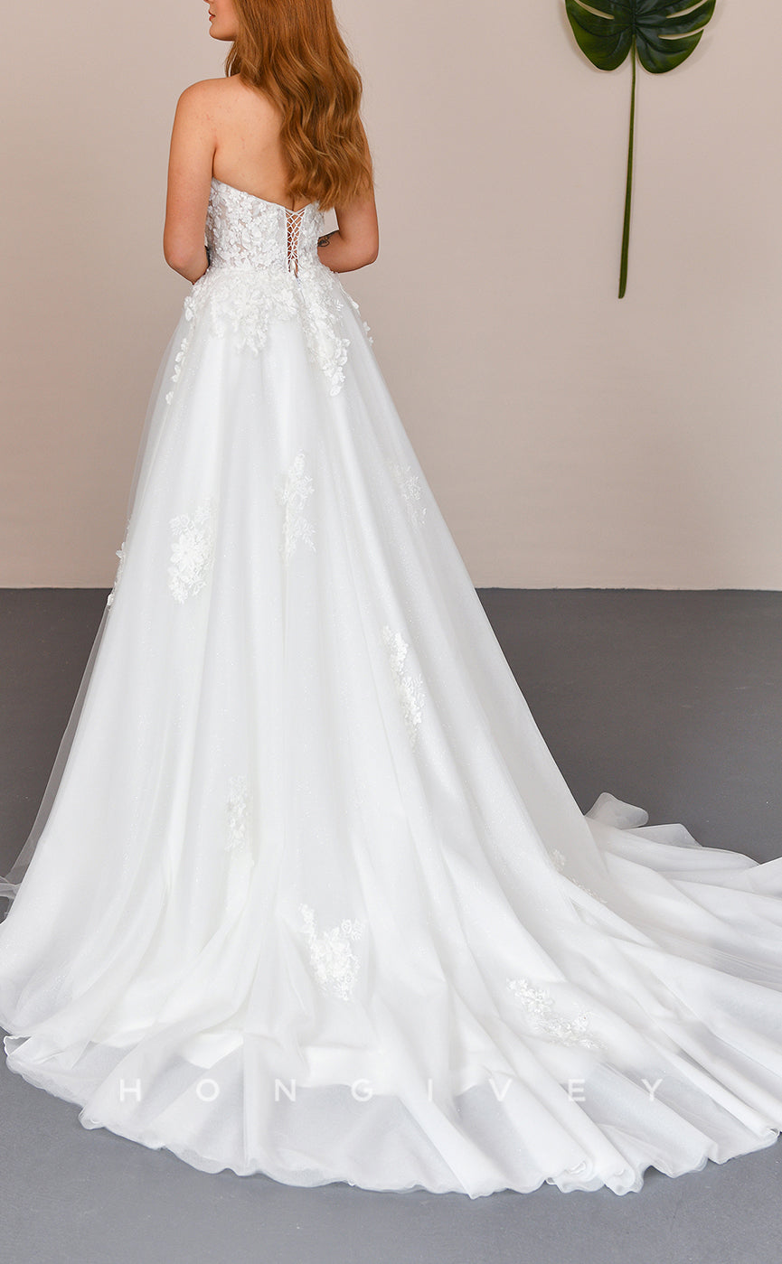 H1305 - Sexy Tulle A-Line Sweetheart Strapless Illusion Empire Appliques With Train Wedding Dress