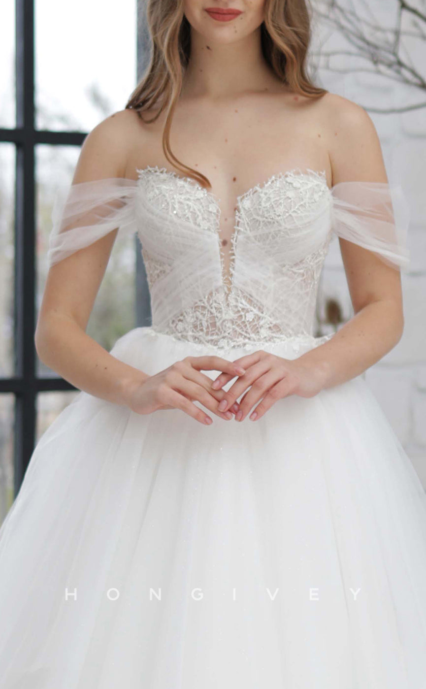 H1307 - Sexy Tulle A-Line V-Neck Off-Shoulder Empire Illusion Appliques With Train Wedding Dress