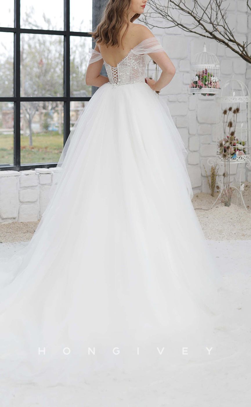 H1307 - Sexy Tulle A-Line V-Neck Off-Shoulder Empire Illusion Appliques With Train Wedding Dress