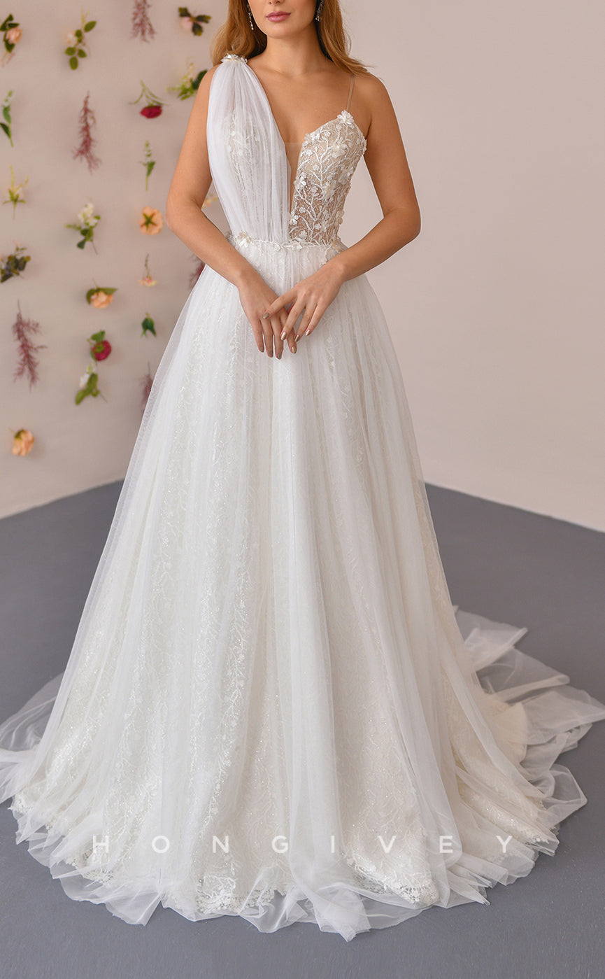 H1308 - Sexy Tulle A-Line Asymmetrical Spaghetti Straps Empire Illusion Appliques With Train Wedding Dress