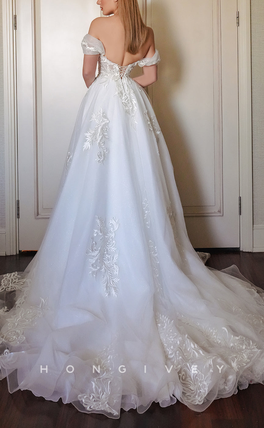 H1310 - Sexy Glitter Tulle A-Line Sweetheart Off-Shoulder Illusion Empire Appliques With Train Wedding Dress