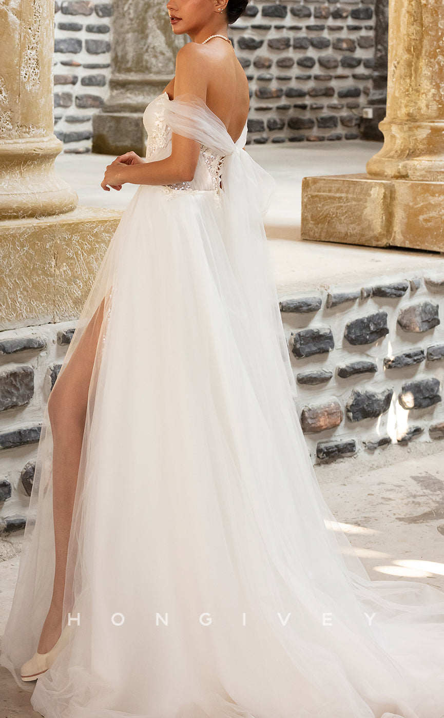 H1311 - Sexy Tulle A-Line Off-Shoulder Illusion Empire Appliques With Side Slit Train Wedding Dress