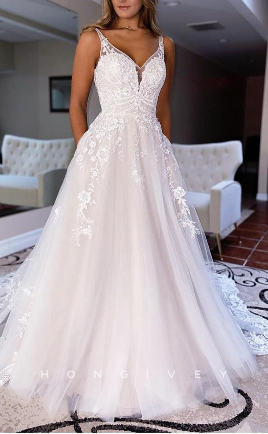 H1312 - Sexy Tulle A-Line V-Neck Spaghetti Straps Empire Appliques With Train Wedding Dress