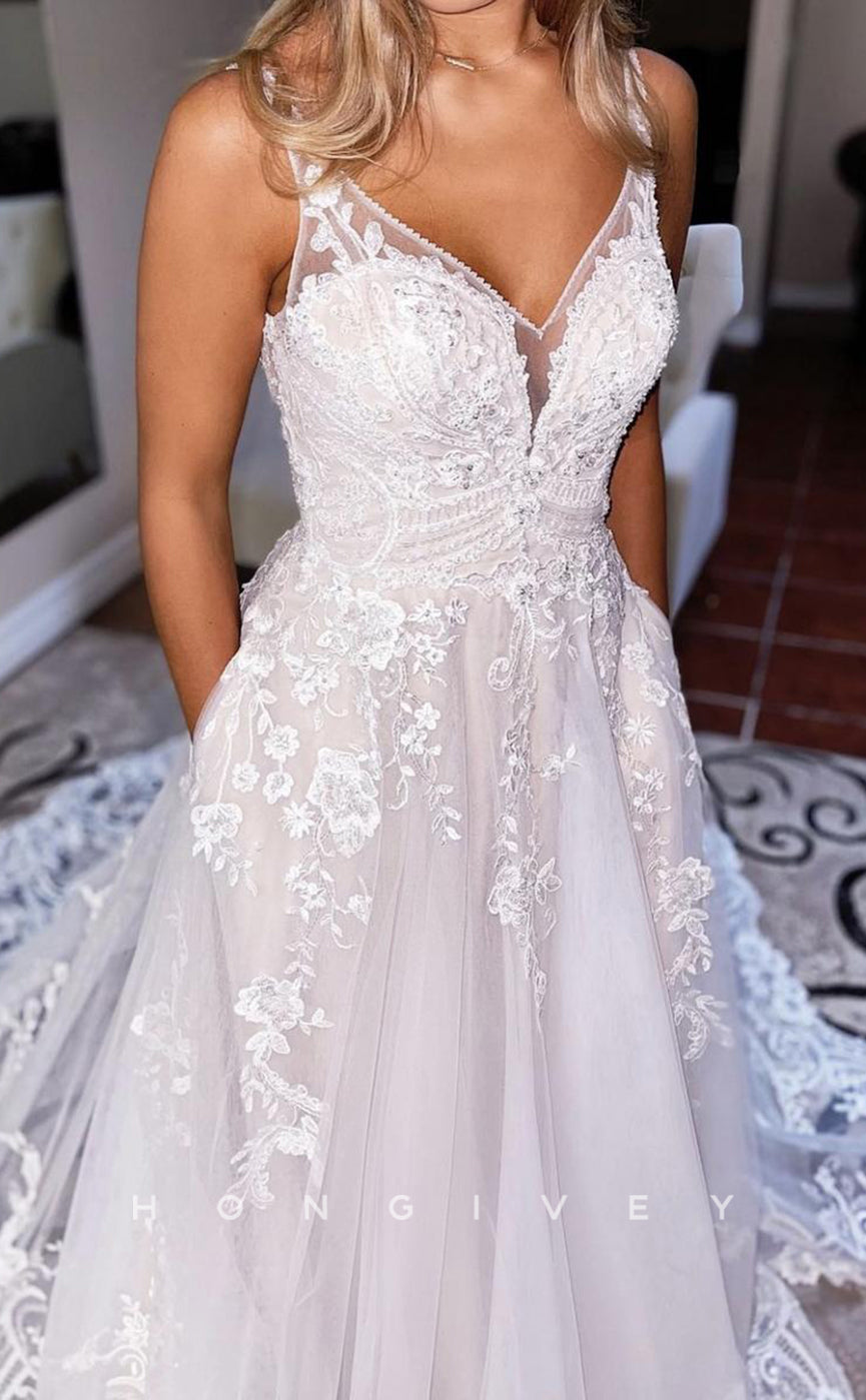 H1312 - Sexy Tulle A-Line V-Neck Spaghetti Straps Empire Appliques With Train Wedding Dress