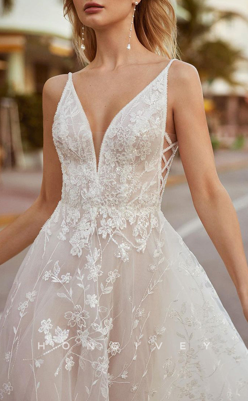 H1313 - Sexy Tulle Illusion A-Line V-Neck Spaghetti Straps Empire Beaded Appliques With Train Wedding Dress