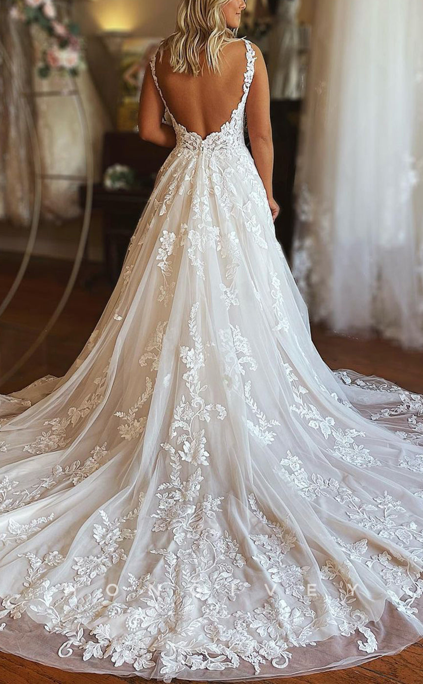 H1316 - Sexy Tulle A-Line V-Neck Straps Empire Appliques Pockets With Train Boho Wedding Dress