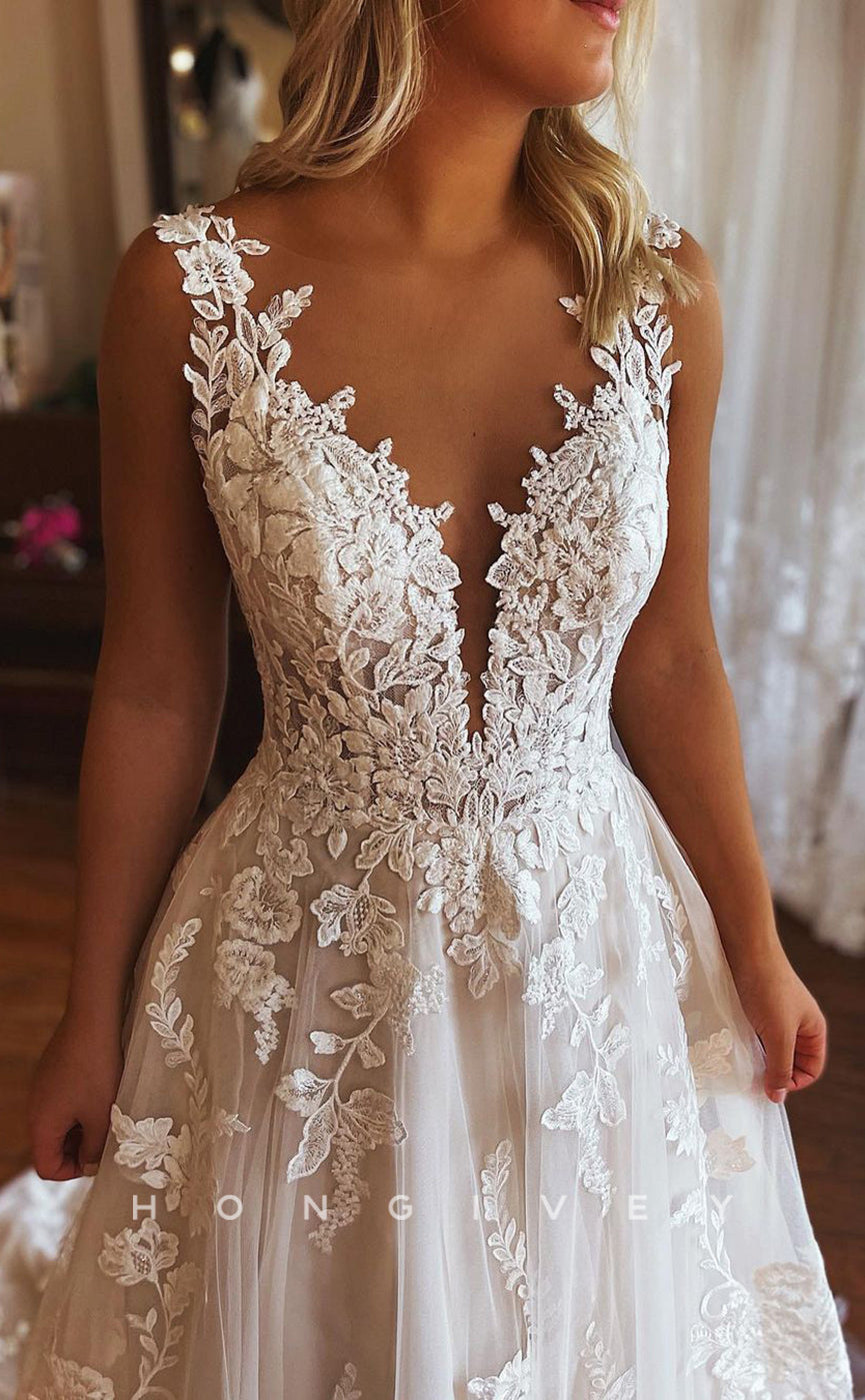 H1316 - Sexy Tulle A-Line V-Neck Straps Empire Appliques Pockets With Train Boho Wedding Dress