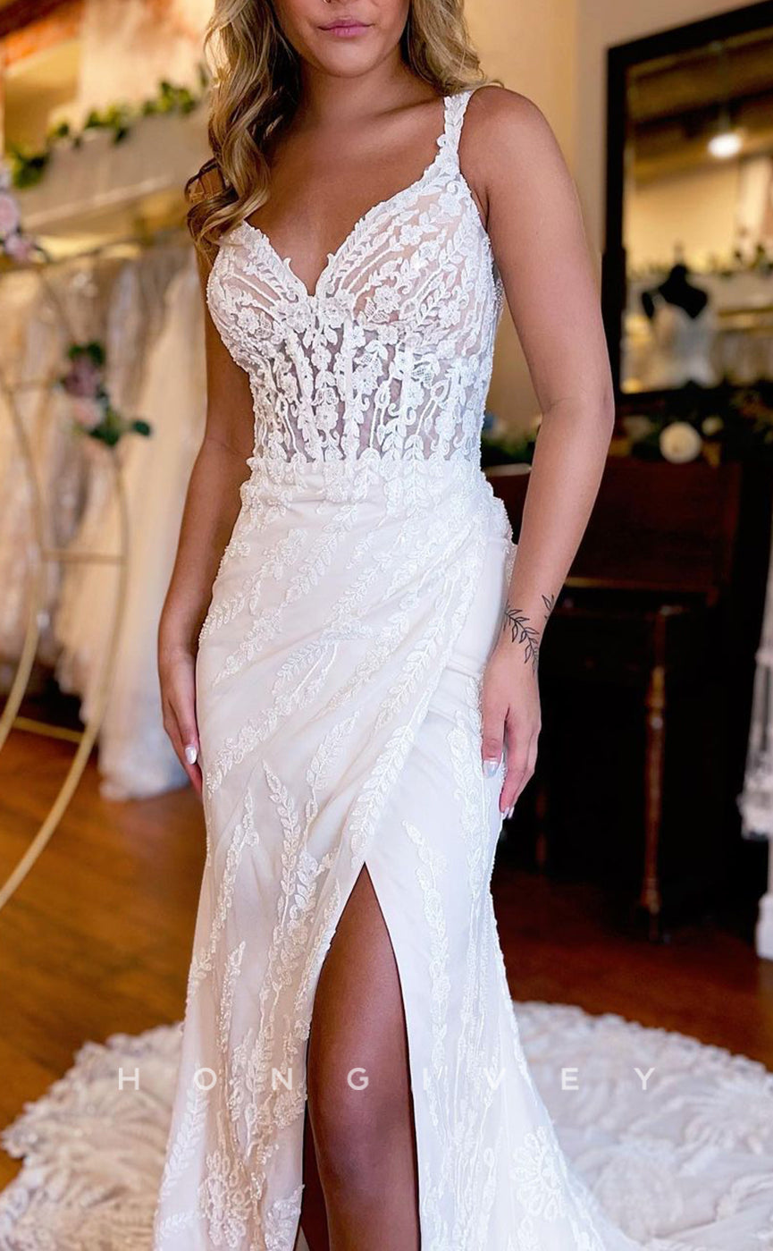 H1319 - Sexy Lace Trumpt V-Neck Spaghetti Straps Illusion Empire Appliques With Train Wedding Dress