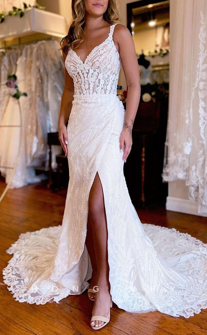 H1319 - Sexy Lace Trumpt V-Neck Spaghetti Straps Illusion Empire Appliques With Train Wedding Dress