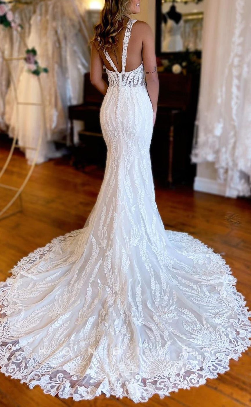 H1319 - Sexy Lace Trumpt V-Neck Spaghetti Straps Illusion Empire Appliques With Train Wedding Dress