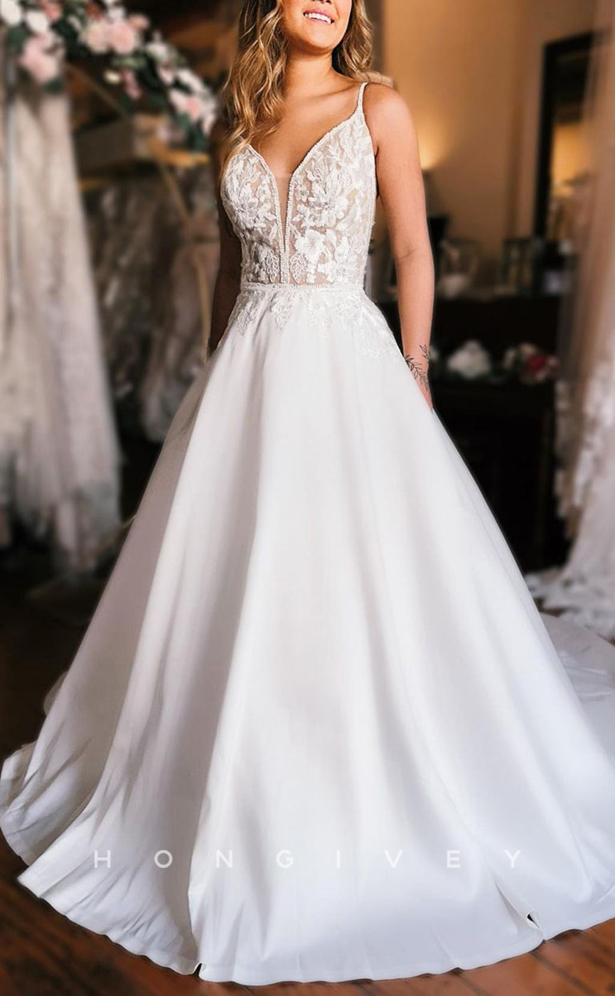 H1321 - Sexy A-Line Two Tone V-Neck Spaghetti Straps Empire Beaded Appliques With Train Wedding Dress