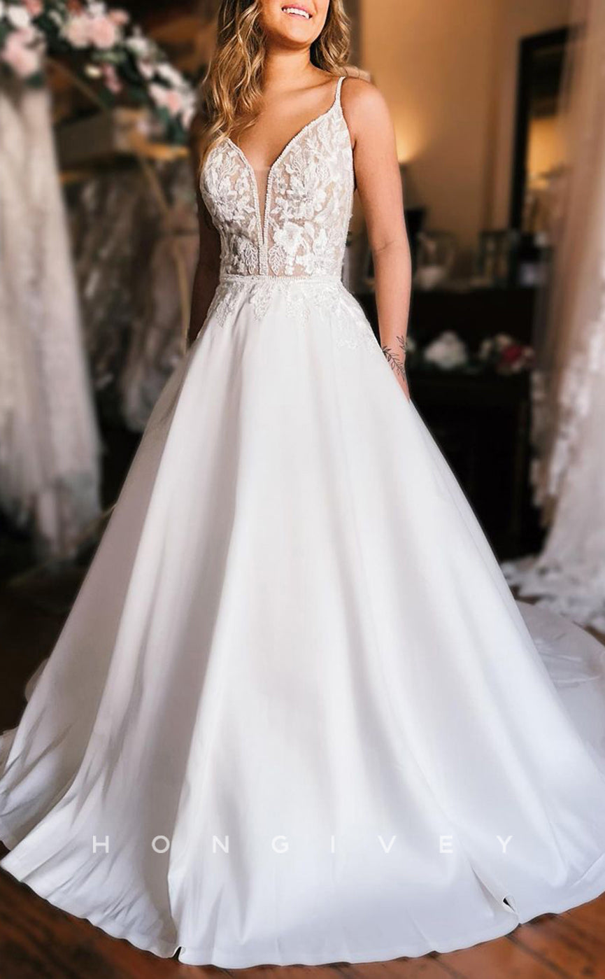 H1321 - Sexy A-Line Two Tone V-Neck Spaghetti Straps Empire Beaded Appliques With Train Wedding Dress