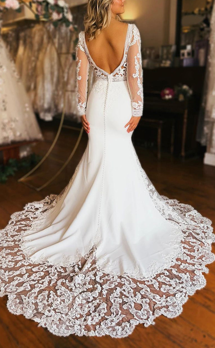 H1323 - Sexy Trumpt Two Tone V-Neck Long Sleeve Empire Appliques With Train Wedding Dress