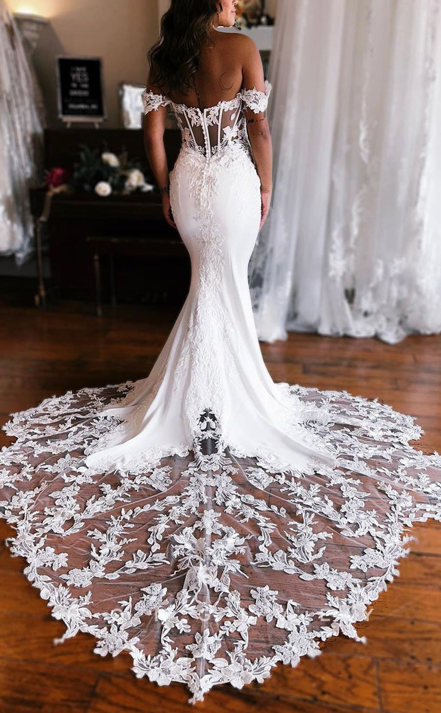 H1324 - Sexy Trumpt Two Tone Off-Shoulder Illusion Empire Appliques With Train Beach Wedding Dress