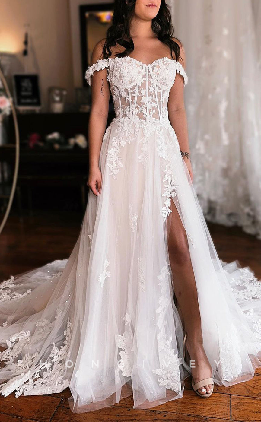 H1325 - Sexy Tulle A-Line Sweetheart Straps Illusion Empire Empire Appliques With Side Slit Train Wedding Dress