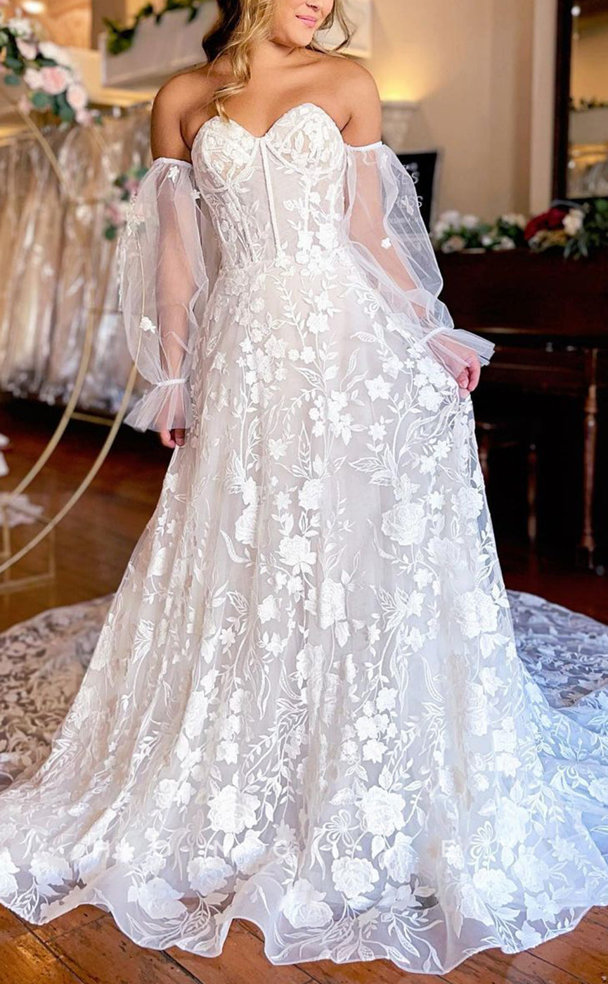 H1327 - Sexy Satin A-Line Sweetheart Long Puff Sleeves Empire Floral Appliqued With Train Wedding Dress