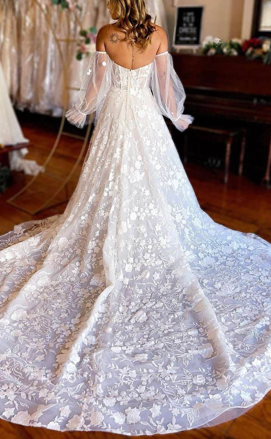 H1327 - Sexy Satin A-Line Sweetheart Long Puff Sleeves Empire Floral Appliqued With Train Wedding Dress