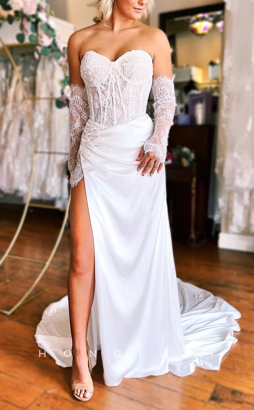 H1328 - Sexy Fitted Two Tone Sweetheart Lace Sleeves Illusion Empire Ruched With Train Wedding Dress