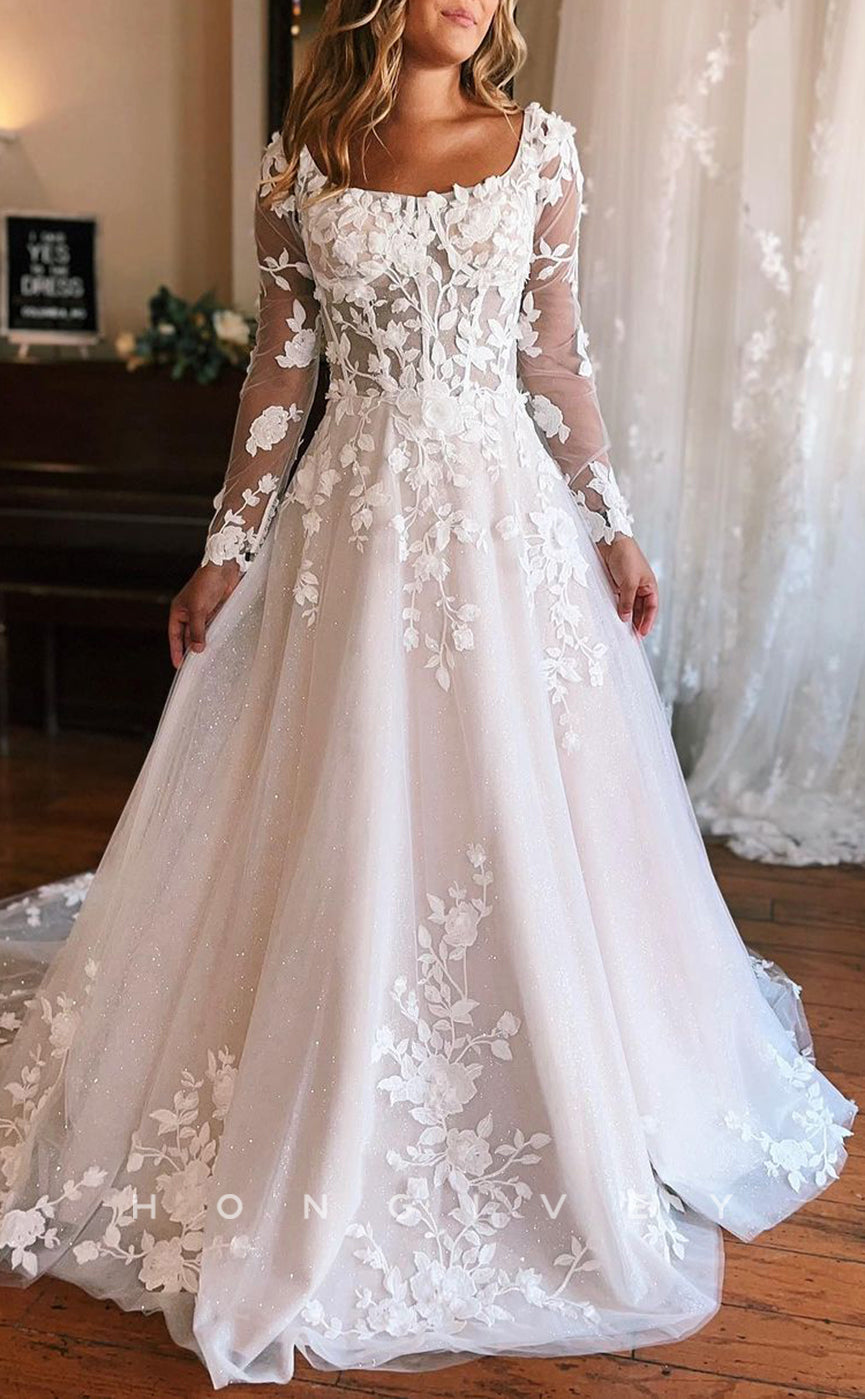 H1329 - Sexy Glitter Tulle A-Line Square Lace Long  Sleeves Illusion Empire Appliques With Train Wedding Dress