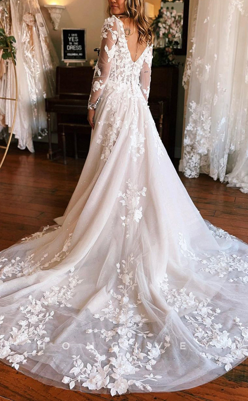 H1329 - Sexy Glitter Tulle A-Line Square Lace Long  Sleeves Illusion Empire Appliques With Train Wedding Dress